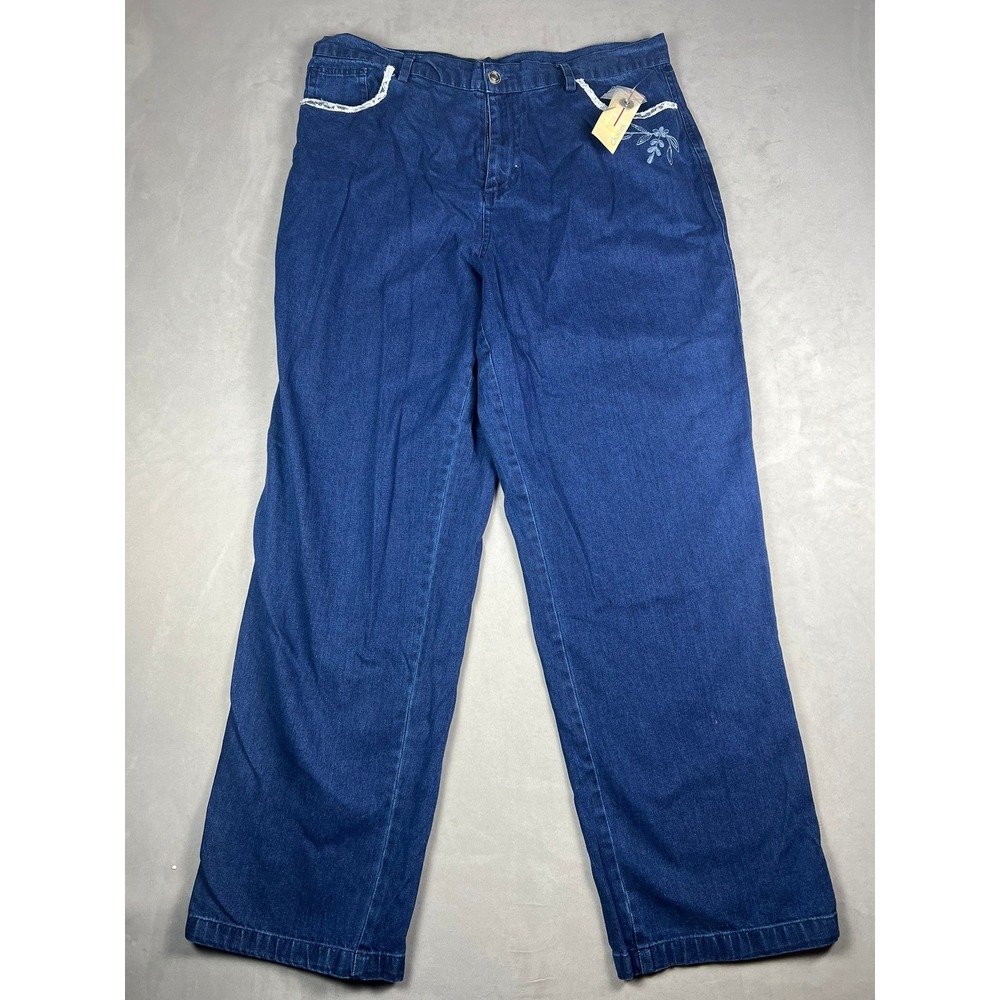 NWT Choices Womens Size 16 Dark Wash Lace Trim Floral Embroidered Wide Leg Jeans